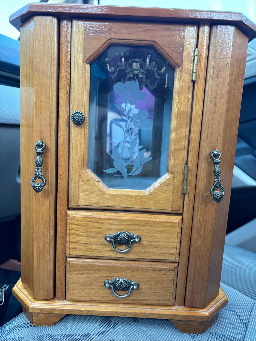 Wood Finish Jewelry Cabinet with Floral Glass Door - Brown